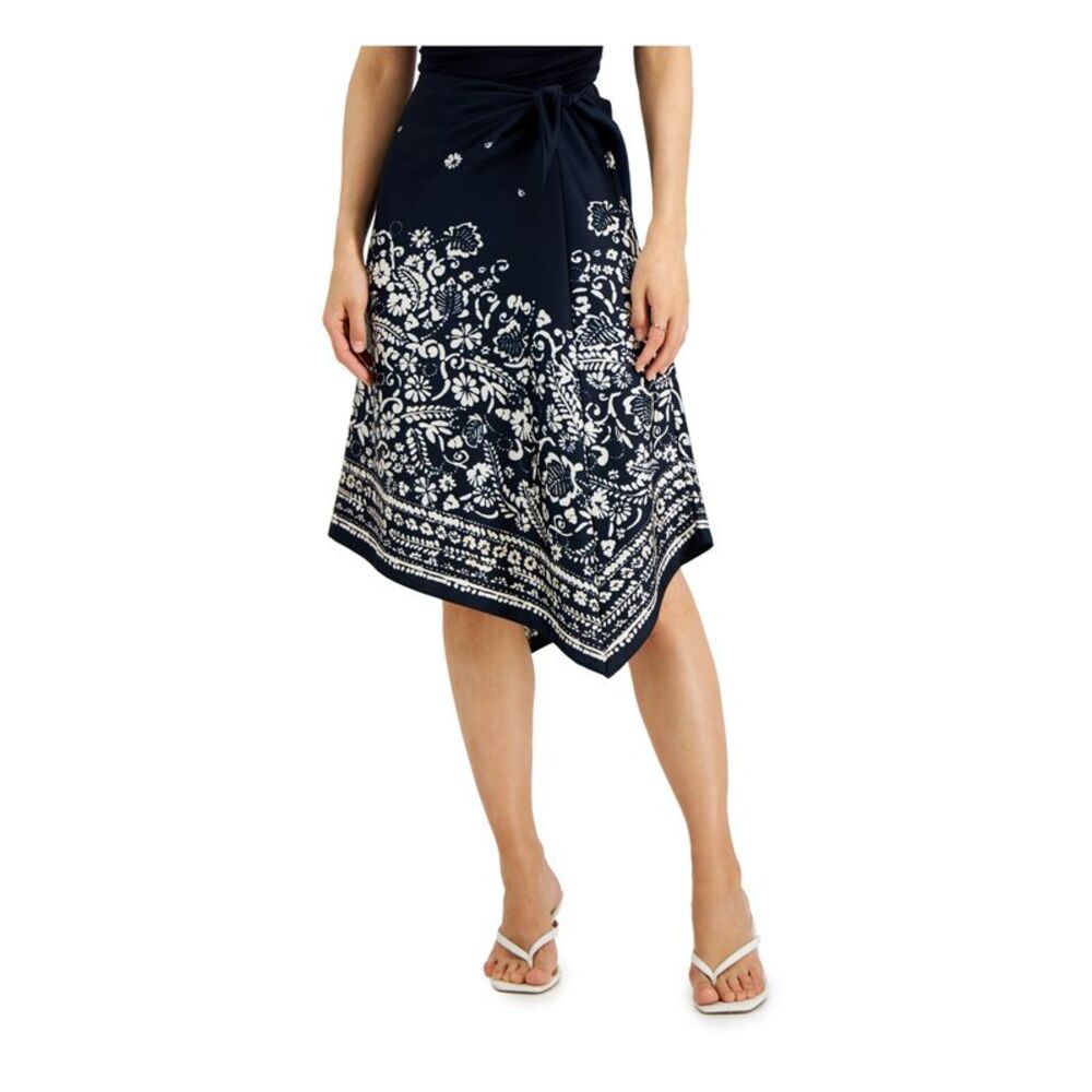 DONNA KARAN NEW YORK Womens Navy Unlined Tie Asymmetrical Hem A-Line Skirt 10